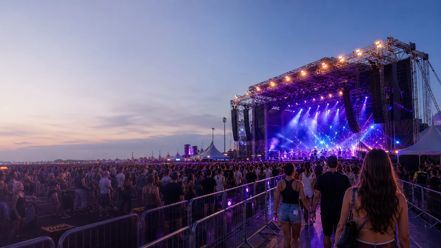 Público chegando por um corredor organizado a um grande palco de festival ao anoitecer