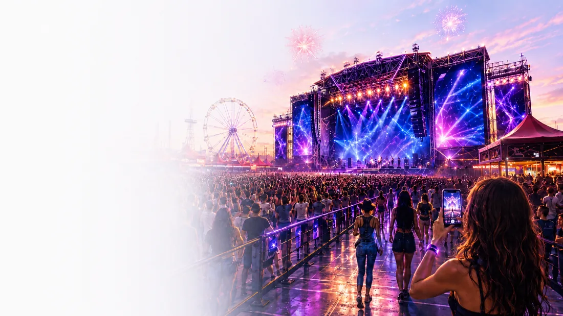 Público caminhando em direção ao palco de um festival ao anoitecer