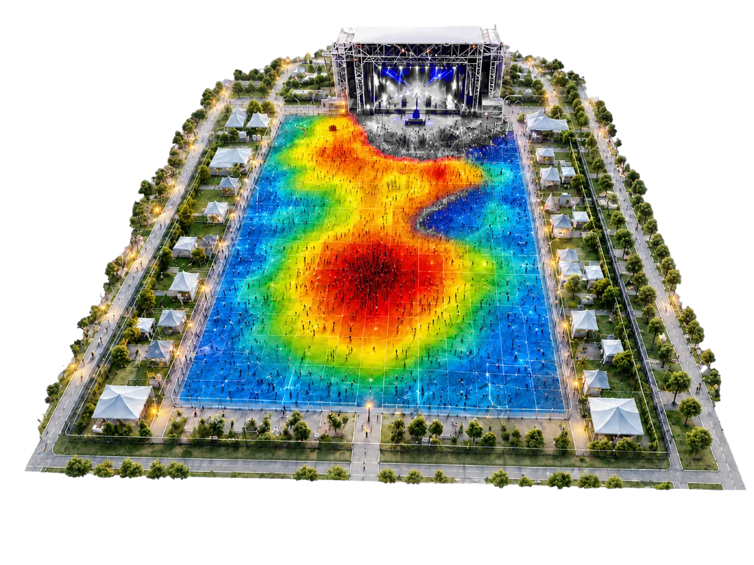 Vista aérea de um festival com mapa de calor sobre a pista