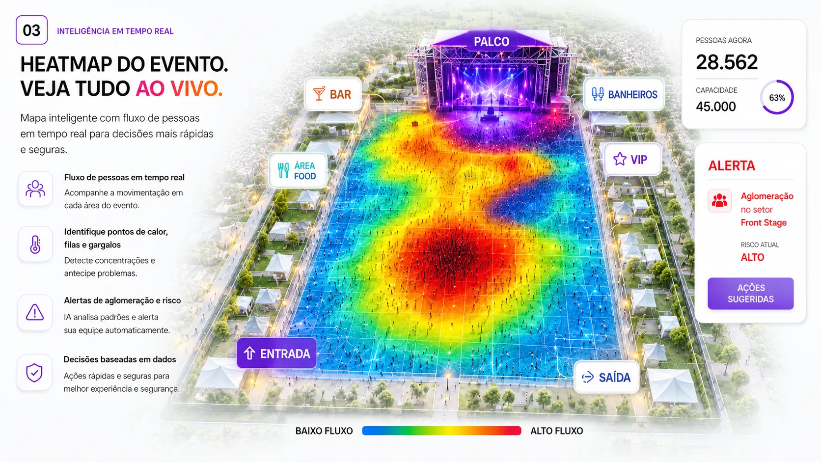 Vista aérea de um festival com mapa de calor sobre a pista