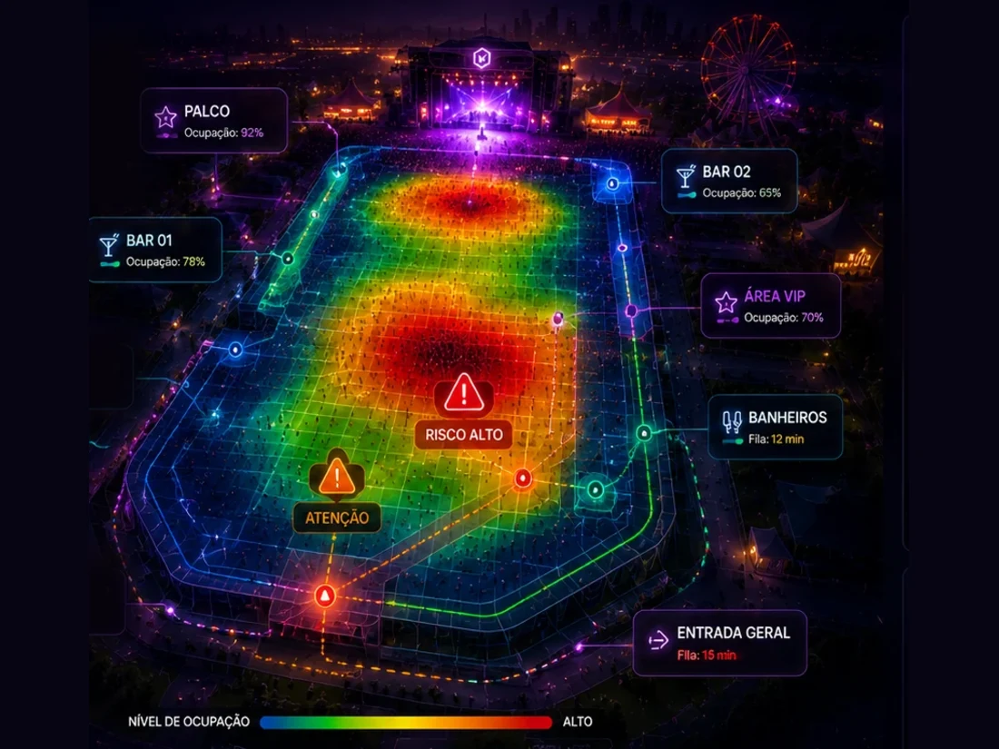 Vista aérea de um festival à noite com heatmap de densidade sobre o público