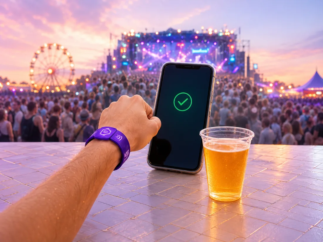 Pulseira NFC sendo aproximada de um celular no balcão de um bar de festival