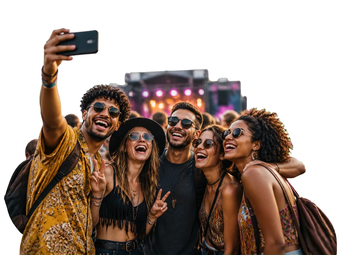 Grupo de amigos no público de um festival com o app de comunidade do evento