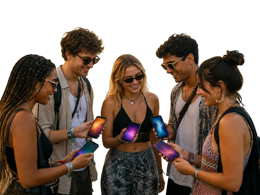 Promoters de festival com celulares na mão