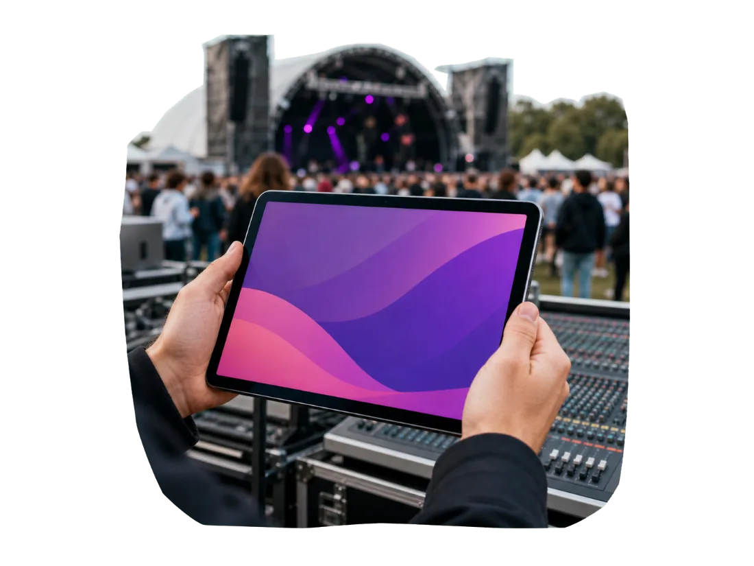Mãos segurando um tablet numa mesa de produção