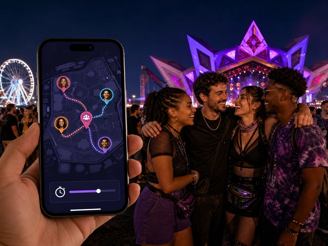 Grupo de amigos se reencontrando na multidão do festival