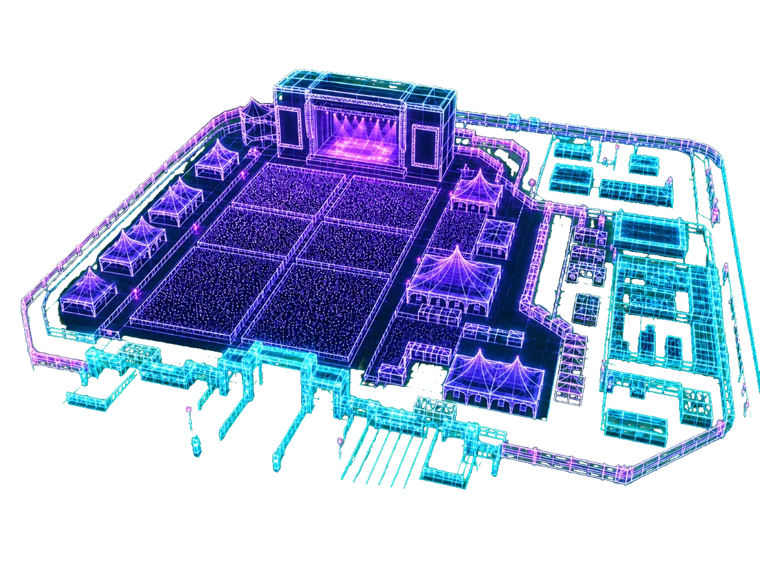 Maquete 3D em wireframe do recinto do festival