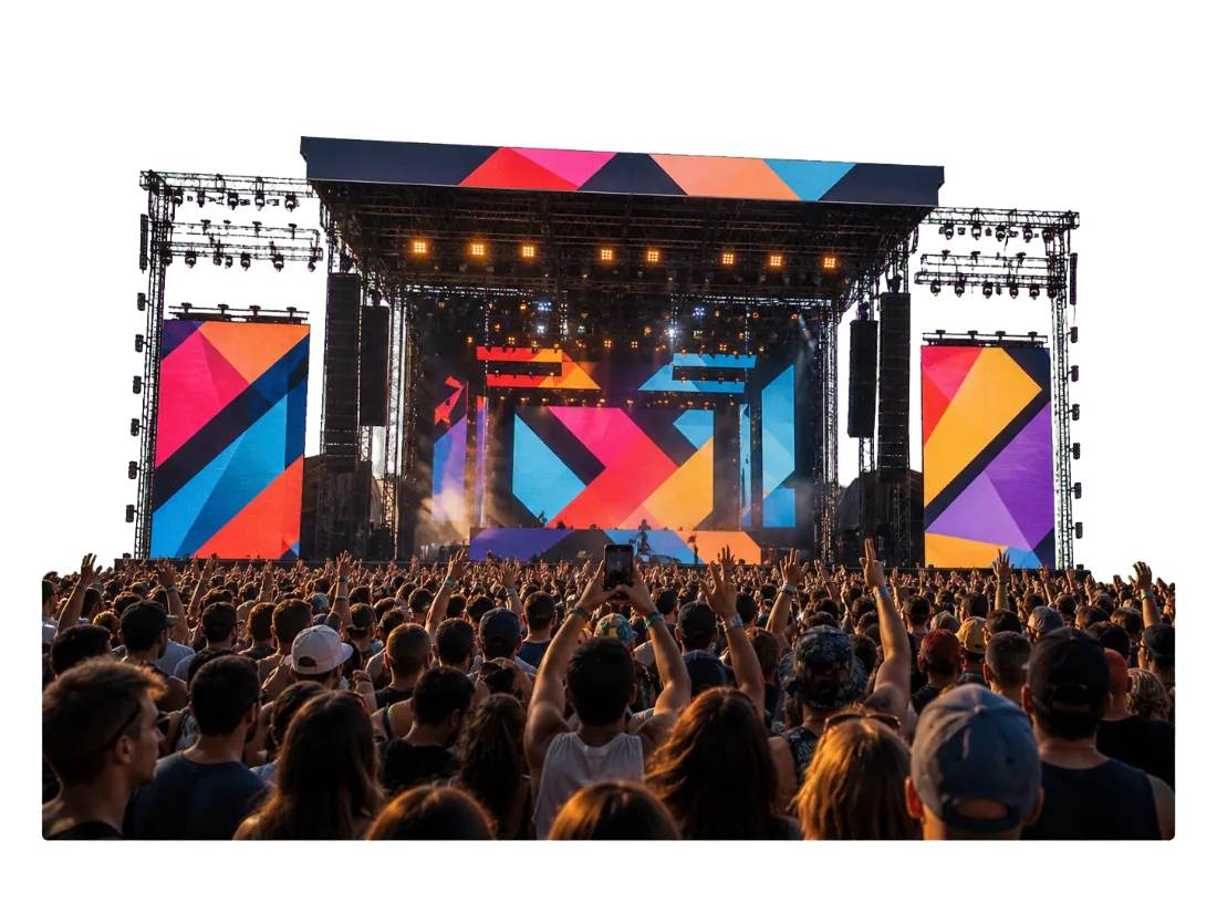 Palco com painéis de LED vistos do meio do público