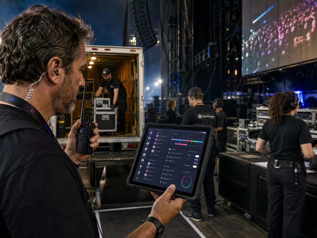 Equipe de produção com credencial e rádio no backstage