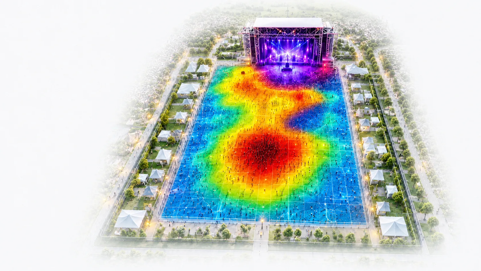 Vista aérea de um festival com mapa de calor sobre a pista