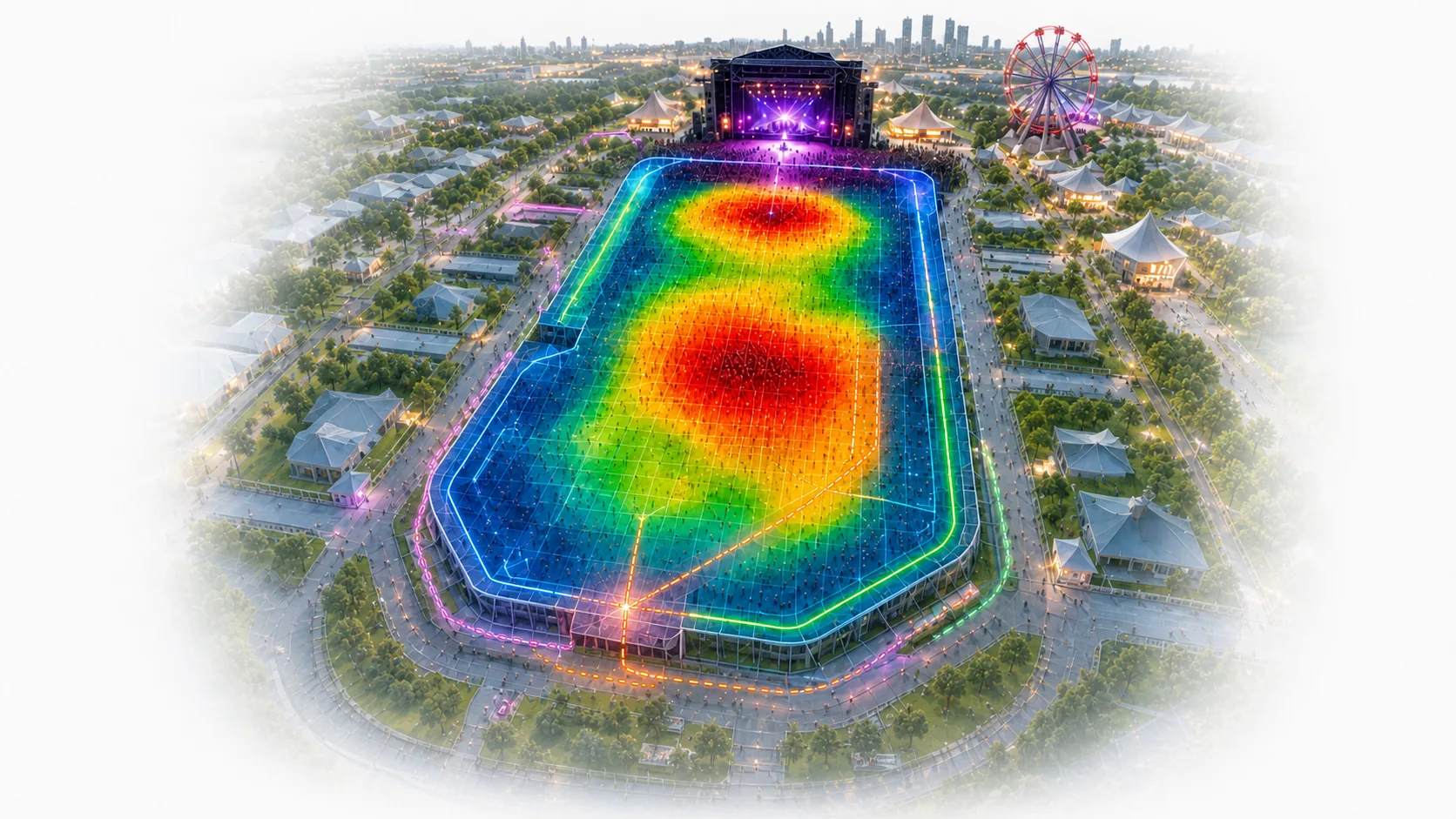 Vista aérea de um festival à noite com mapa de calor e linhas de fluxo