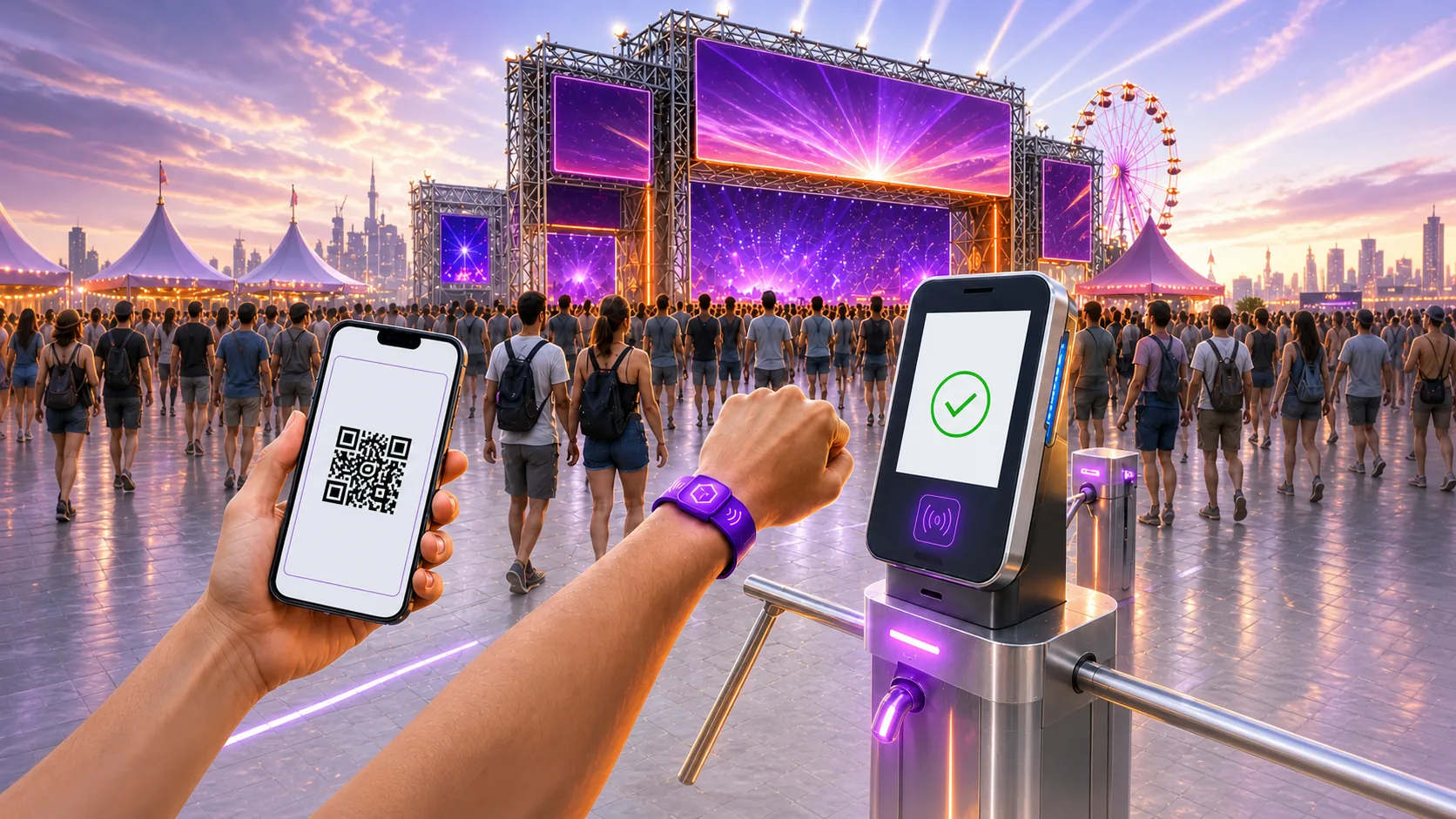 Ingresso em QR Code no celular e pulseira NFC sendo validados na catraca