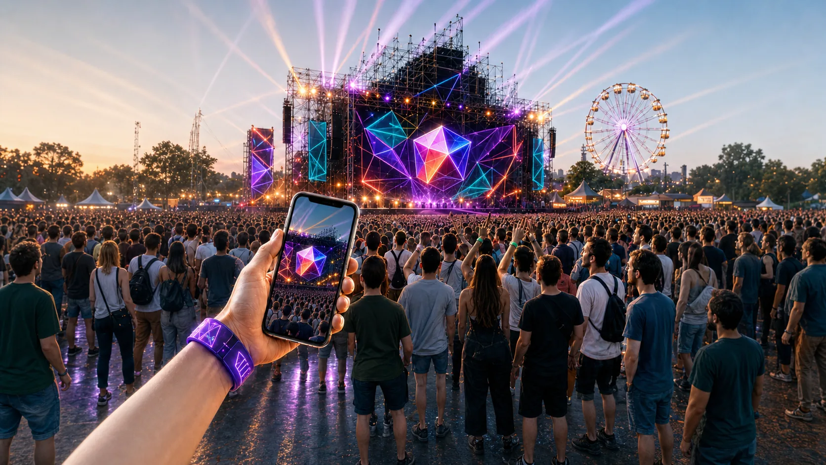 Público em frente a um palco com painéis de LED e celular exibindo efeito em realidade aumentada