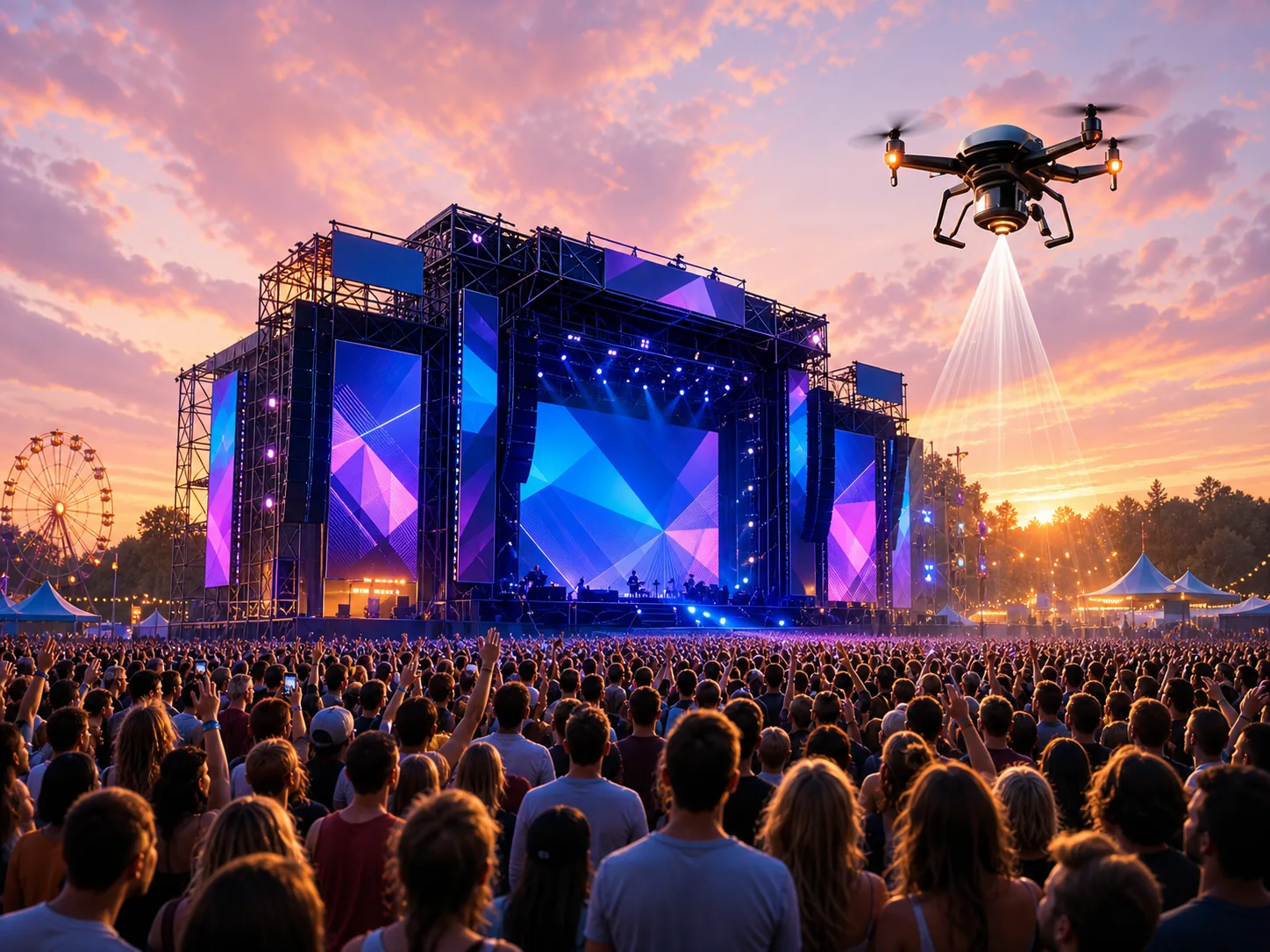 Palco de festival ao entardecer com painéis de LED e um drone sobrevoando