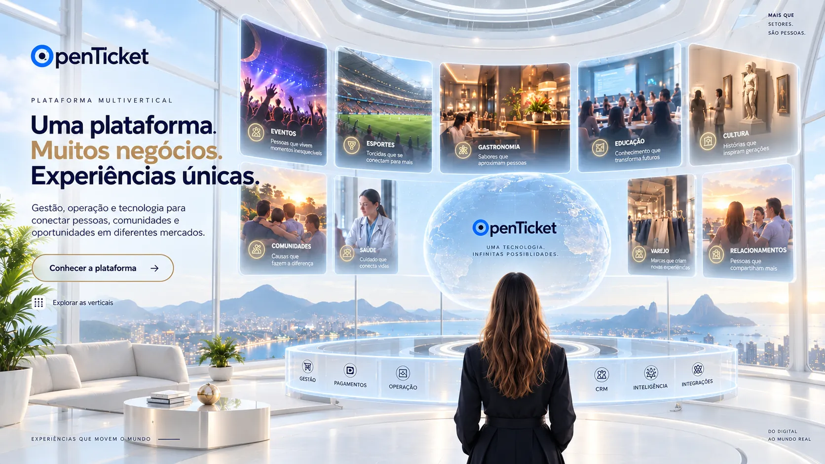 nove cartões de vertical do OpenTicket sobre a vista de uma sala envidraçada