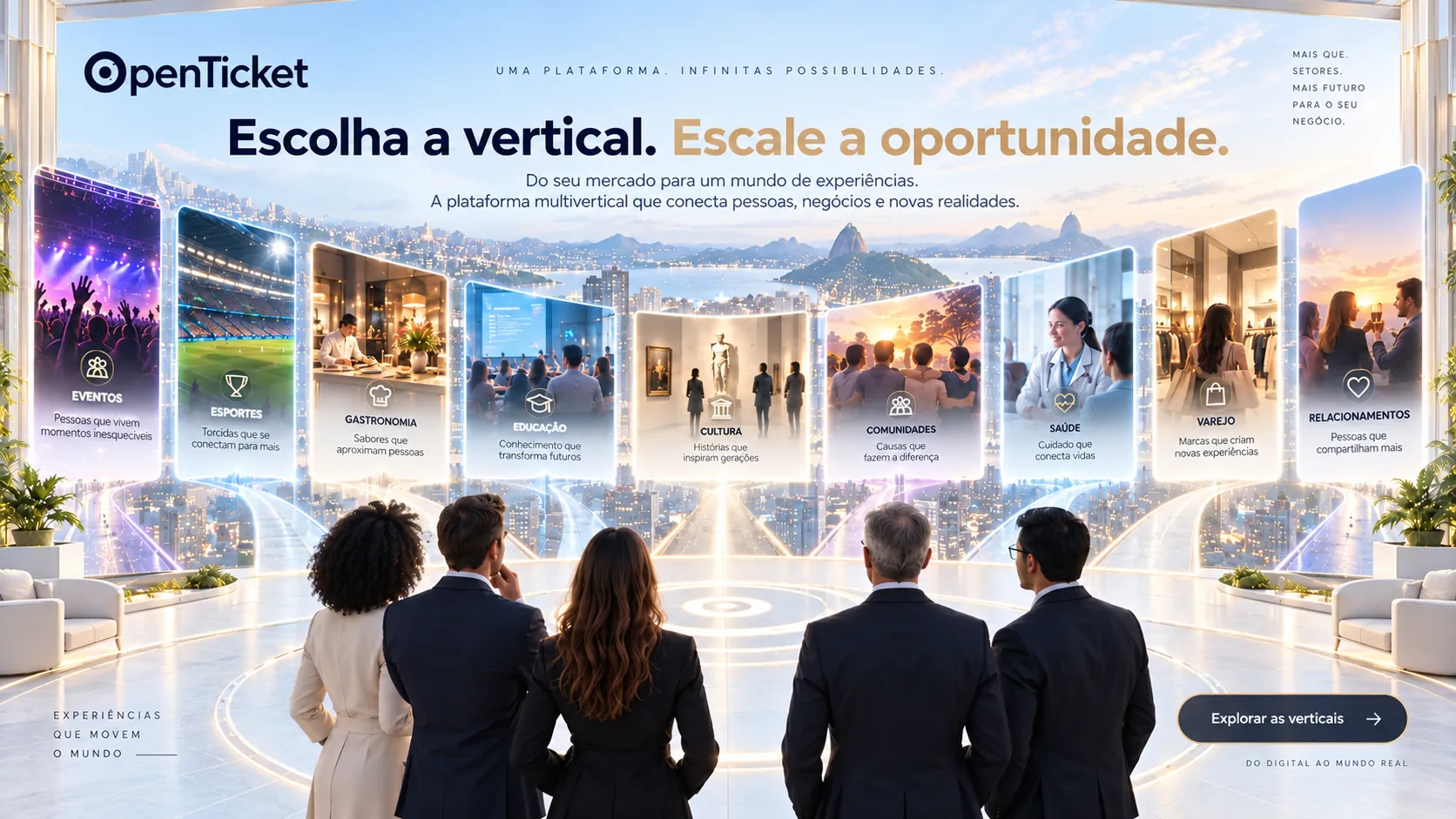 as nove verticais lado a lado, em painéis, sobre a baía do Rio de Janeiro